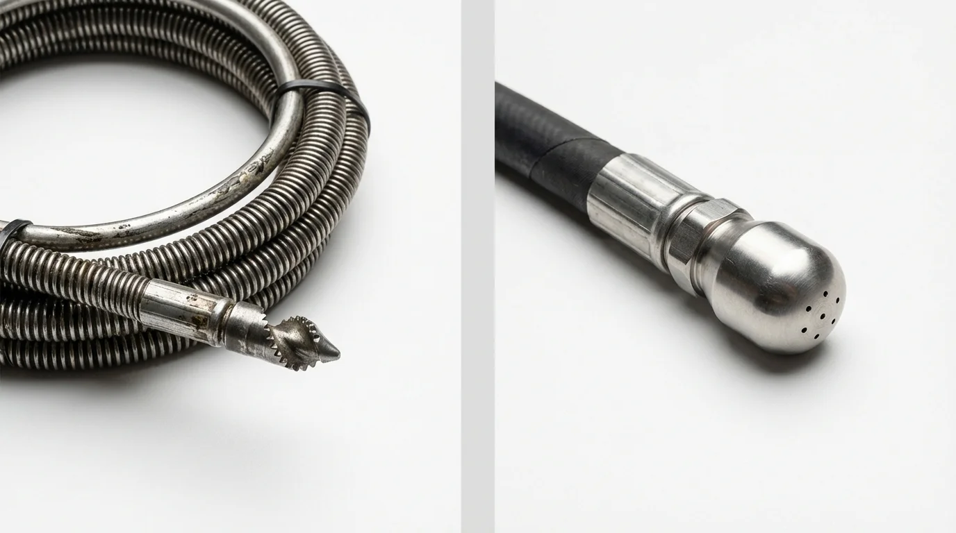 Drain snake cable and hydro jetting nozzle used for drain cleaning in Hampton, IA