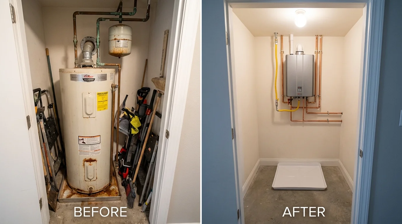 Tank water heater versus wall-mounted tankless unit comparison for Hampton, IA homeowners