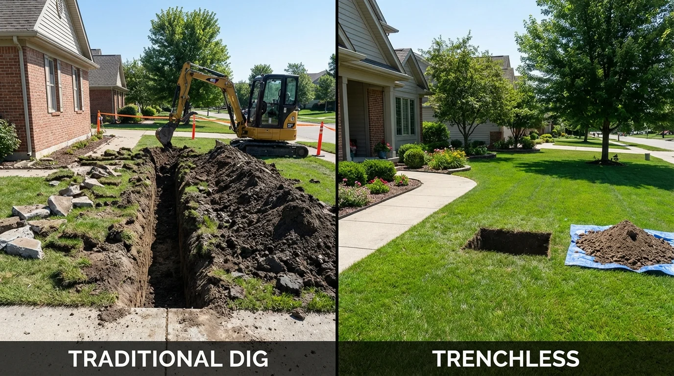 Trenchless sewer repair with minimal yard damage versus traditional excavation in Hampton, IA