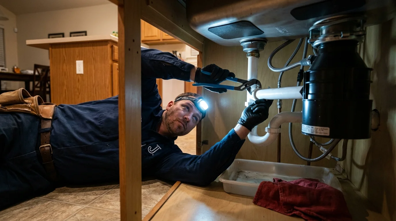 P-trap and supply line connections under a kitchen sink showing a common leak point in Hampton, IA